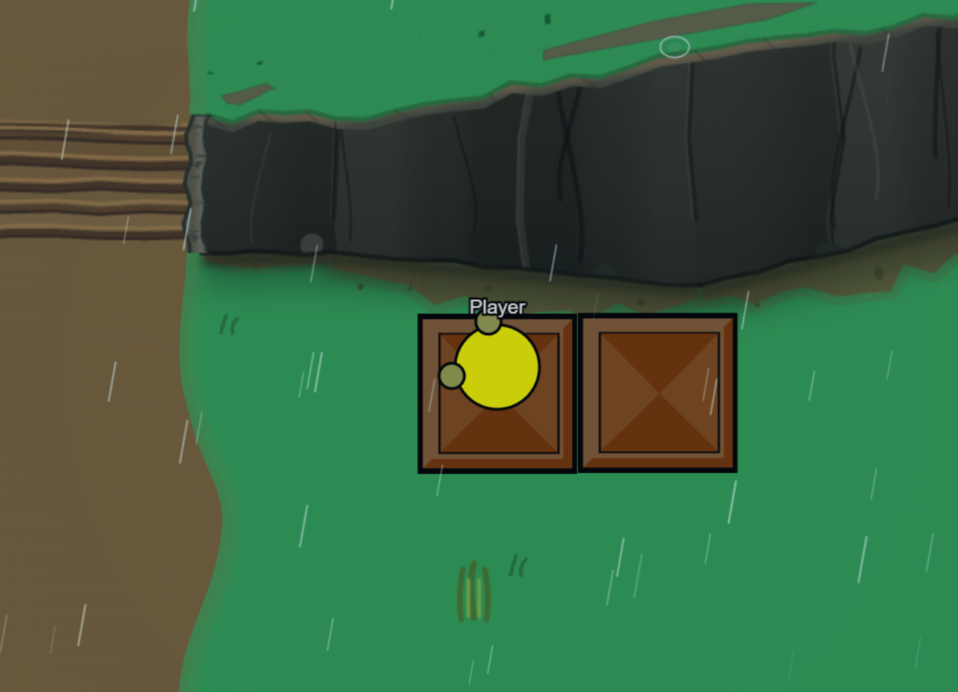 Player overlapping a wooden crate beside a second crate, a cliff face, and steps during rain